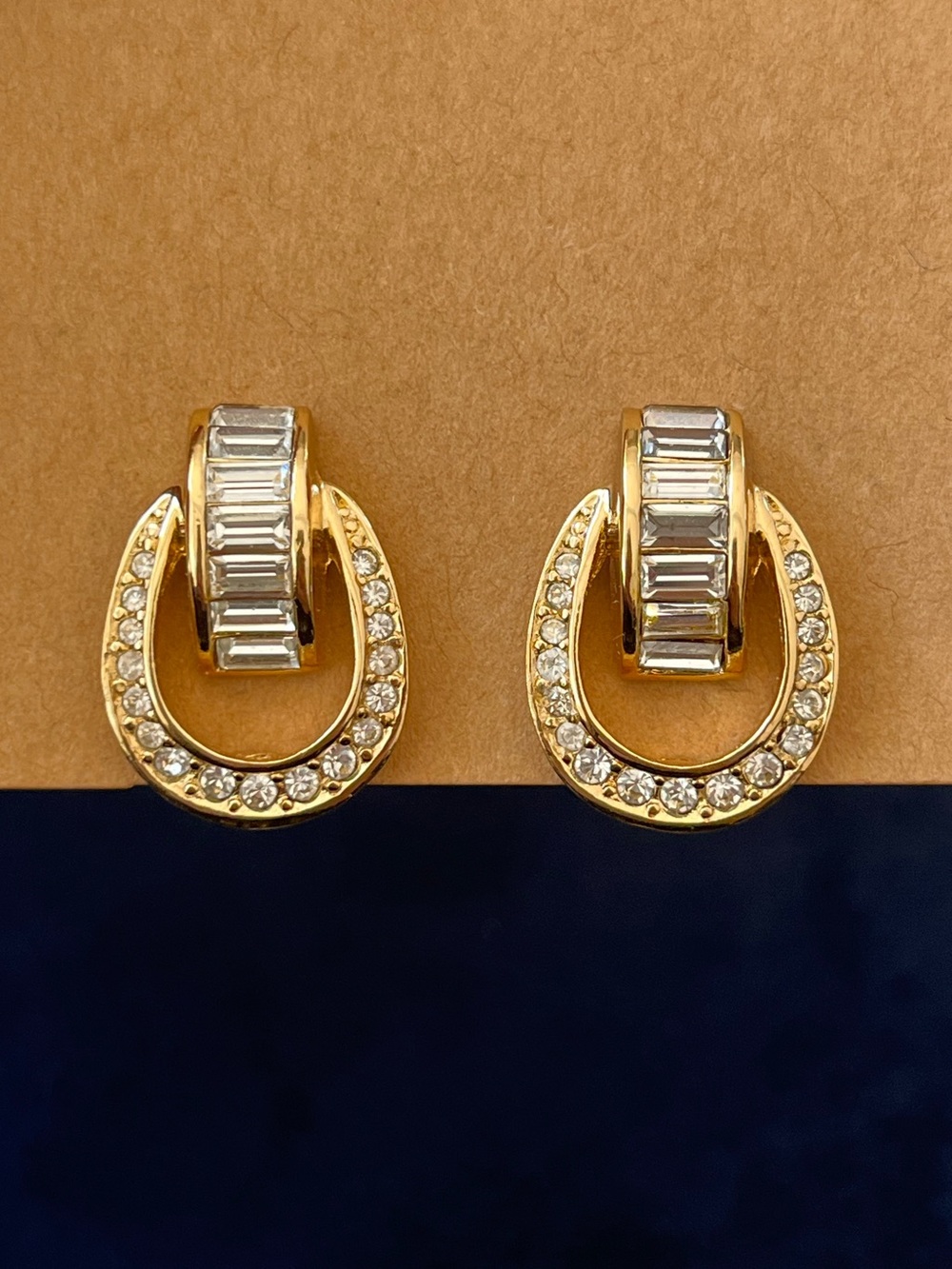 Authentic Vintage Dior Door Knocker Baguette Rhinestone Gold Clip-On Earrings